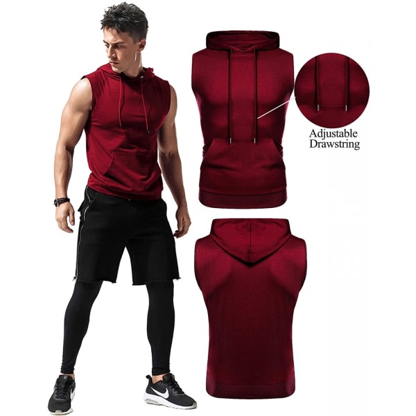 AVEKI T-shirt med hætte til mænd Ærmeløse træningstrøjer Bodybuilding Muscle Ærmeløse T-shirts, Rød, XXL zdq