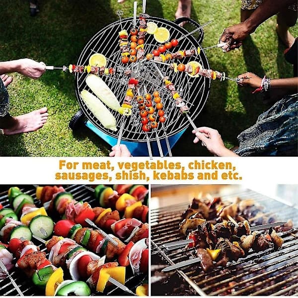 Kabob Spyd Sæt, 12 Pak Rustfrit Stål Flade Genanvendelige Grillspyd til BBQ Kebab Kød Grøntsager, Sølv, 14 Tommer