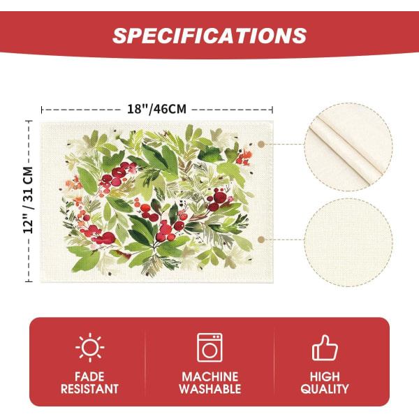 Akvarell Holly Jul Placemats Set med 4 30,48 x 45,72 cm Säsongsbetonad Vinter Julhelg Bordslöpare för Fest Kök Matsal Dekoration