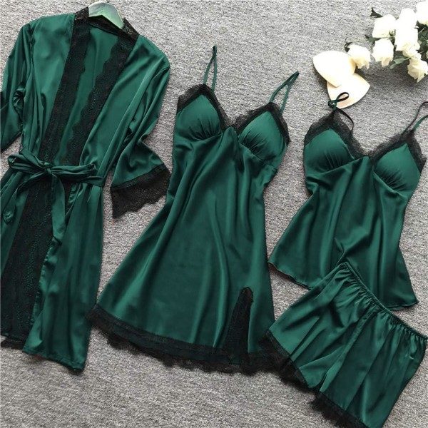 Pyjamasetti naisille, 4 osaa, yövaatteet, alusvaatteet, seksikäs pitsi, negligee, babydoll, negligeet, puku, alusvaatteet, yöasu, 3XL A10 punainen