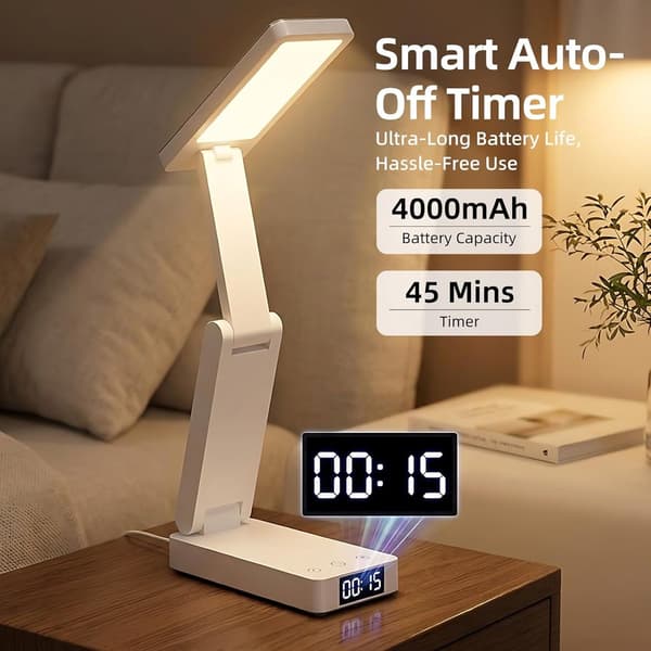 Sammenfoldelig LED-bordlampe, genopladelig USB-C med 3 lysfarver, dæmpning, timer og ur til studie, kontor og soveværelse, hvid