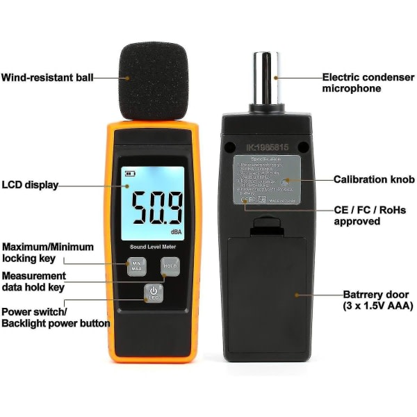 Gh digital ljudnivåmätare Handhållen ljudnivåmätare med programmerbar larmvärdefunktion, 30-130db(a) decibel brusmätare Tester Mätme