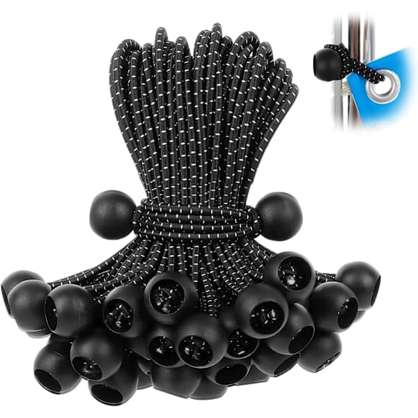 50-pak Bungee Ball-bindere med UV-resistent elastisk snor til presenninger, telte, stænger og kabler, sort/hvid, 15 cm