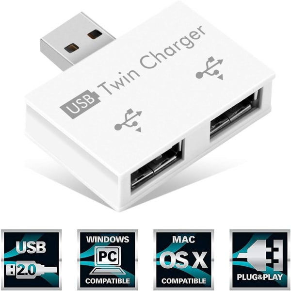 CDQ Health Gear USB2.0 2-portar, bärbar 2-portars USB hubb, hane till dubbel USB hona-adapter (vit) Vit