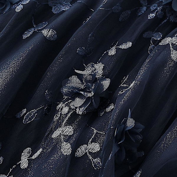 Lang tyllskjørt for kvinner med 3D-blomsterbroderi, ensfarget, høy midje, mesh, midi, svingkjole (marineblå) navy blue