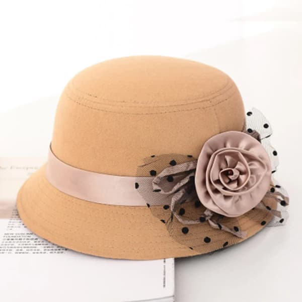 Filtmössa Fall Cloche Hink Blommös Cap Elegant Dam_tfrf beige