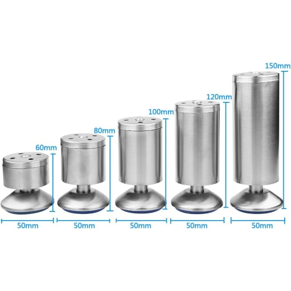 CDQ 4 justerbare bordben i rustfritt stål for møbelben med gummimatte (50 x 80 mm)