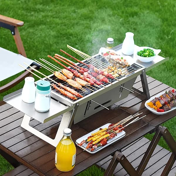 Bærbar sammenklappelig kulgrill i rustfrit stål med stor stegeflade til camping, picnic, baghave, standard standard