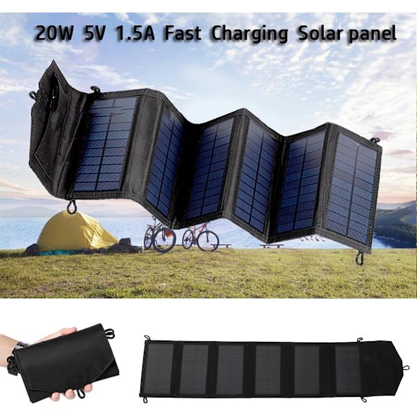 Bærbar solcelleoplader, 20W udgang, 5.2V 2A, 2 USB, foldbar, IP65, sort