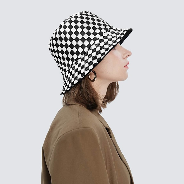 Söt bucket hat strandfiskarhattar för kvinnor, vändbar dubbelsidig användning Checkered Flag