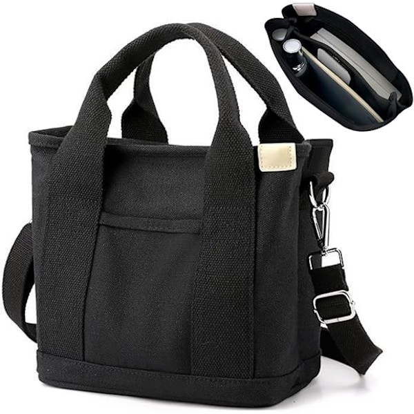 Canvas Tote Taske med Lommer til Kvinder, Skuldertaske, Stor Kapacitet Skuldertaske med Justerbar Rem, til Shopping, Arbejde, Rejse, Sort negro S