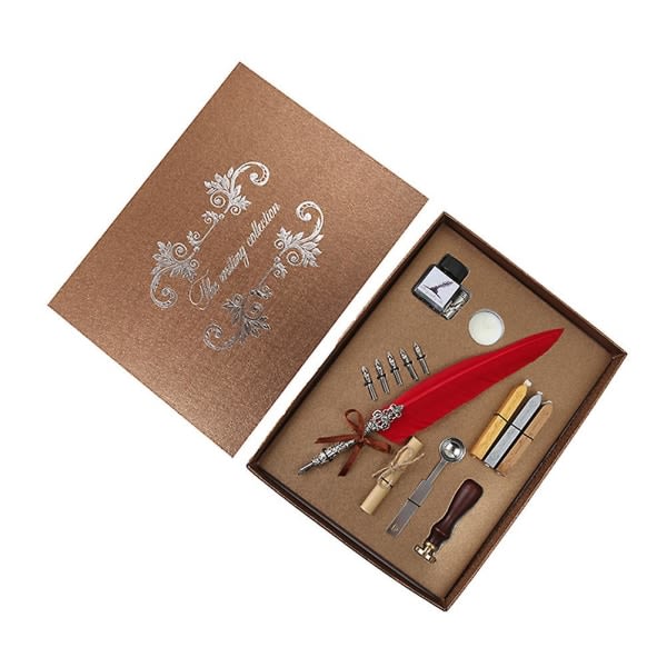 Quill Pen Writing Feather Pen Dip Kalligrafi Pen Set med 5 ersättningsspetsar Marinblå CDQ