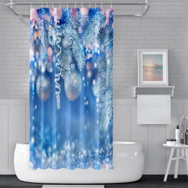 Vinter jul duschdraperi, Blå Bokeh Snowflake Glitter Julkulor Blad Baddraperier med krokar för barnfamiljen 71\" x 71\"