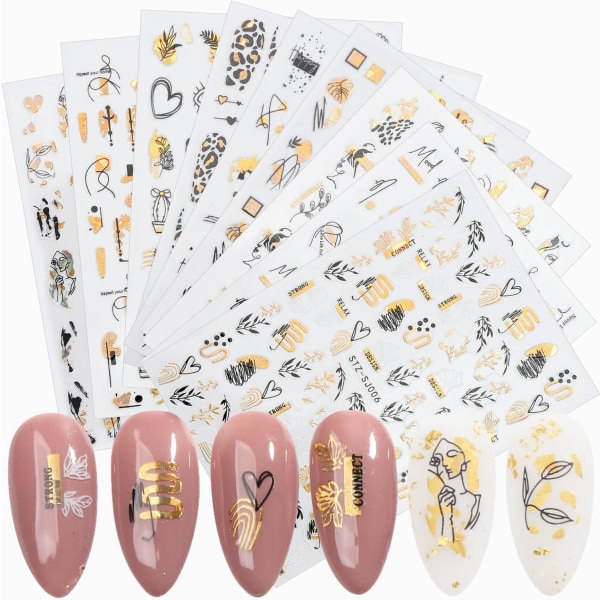 Gull abstrakte negleklistremerker Nail Art 9 ark selvklebende negle