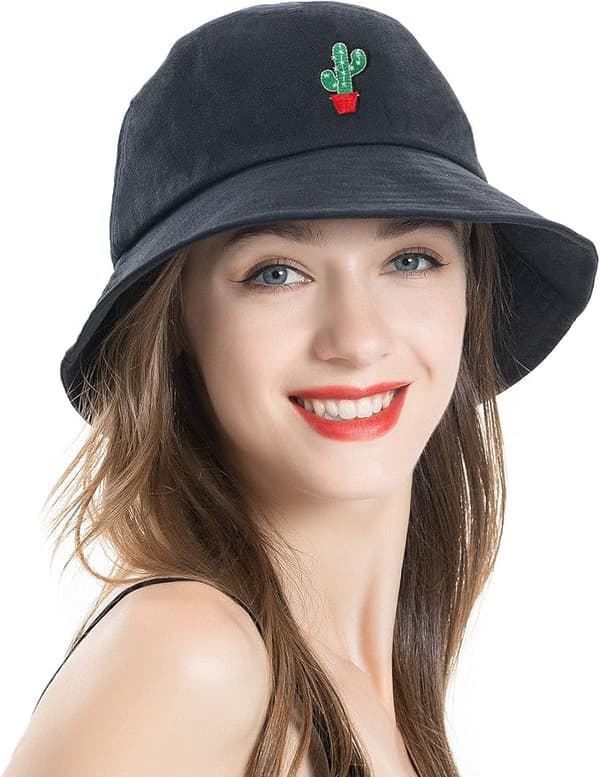 Bucket Hat Bomuld Sommer Fiskerhat til Kvinder Mænd, (kaktus-sort)