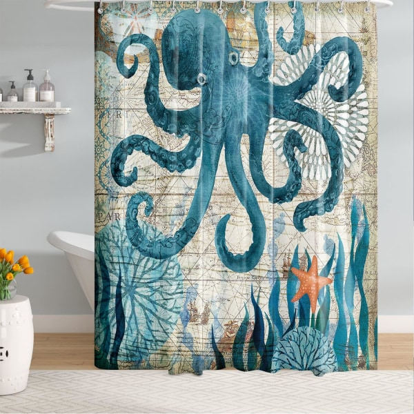 Octopus bruseforhæng 72 x 72 tommer, Ocean bruseforhæng til badeværelsesindretning, nautisk bruseforhæng med 12 kroge