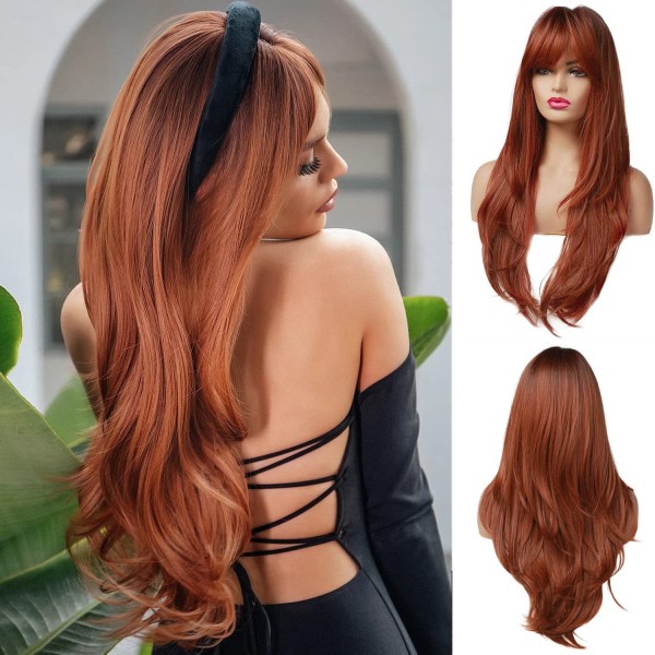 26" orange peruk for menneskeligt hår for kvinder med lugg, lang naturlig vertikal
