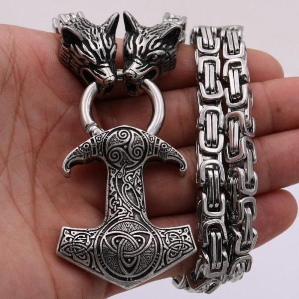 Retro Punk Viking Varg Huvud Bitande Ring Halsband Keltisk Thor's Hammare Mönster Totem Hänge Män's Mode Trend Smycken zdq