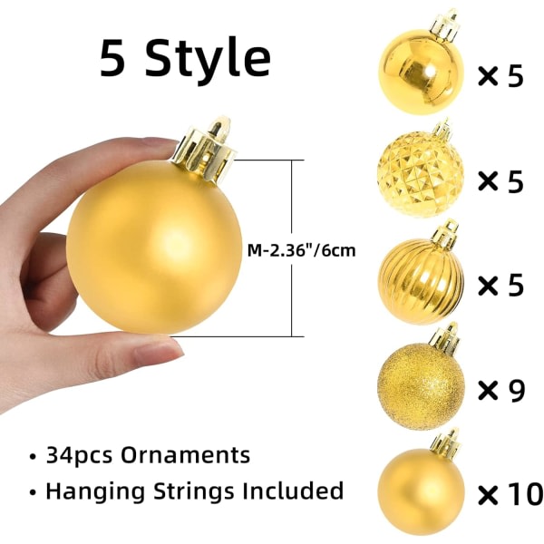 Julekulepynt til juletrepynt - 34 stk Xmas Tree Hanging Ball (gull, 2,36\"/6 cm, 34 stk)