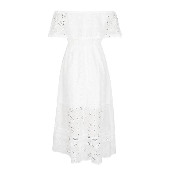 Bohemisk spetsklänning för dam, vit strandklänning, kortärmad off-shoulder maxiklänning-yu L