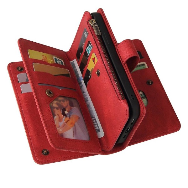 Deksel for Iphone Xs Max deksel Kreditkortshållare Stötsäker Premium Pu-läder anti-ripe blixtlåsficka - Röd null ingen