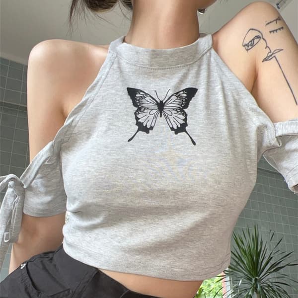 Dam Cold Shoulder Topp Casual Halterneck Grafiskt Tryck Rosett Sommar Pullover T-shirt Ljusgrå L