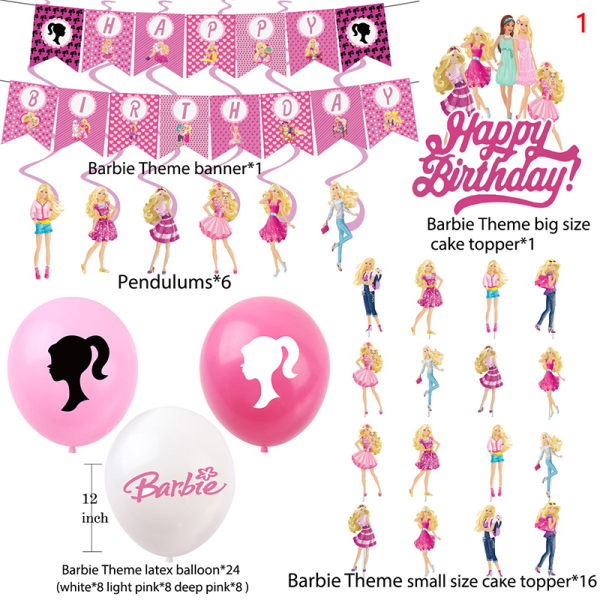 Barbie-tema festdekoration Grattis på födelsedagen Rosa Barbie Anime 1