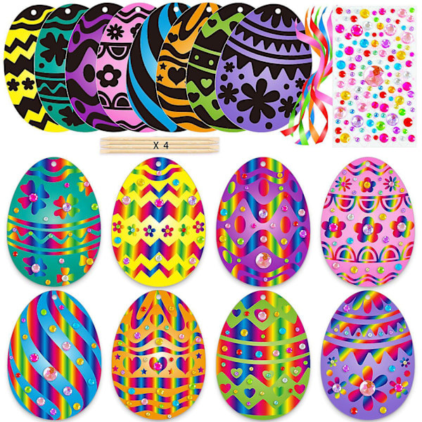 Easter Craft Set Large Pack Rainbow Magic Scratch Art Paper with Ribbons Easter Egg Bunny Chick Ornaments
