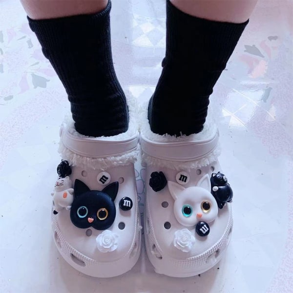 12 stk 3D Clogs Sandaler Ornament (svart og hvit katt), Skoberlocker, Søte Skoprydnader for Clogs Sko Armbånd DIY