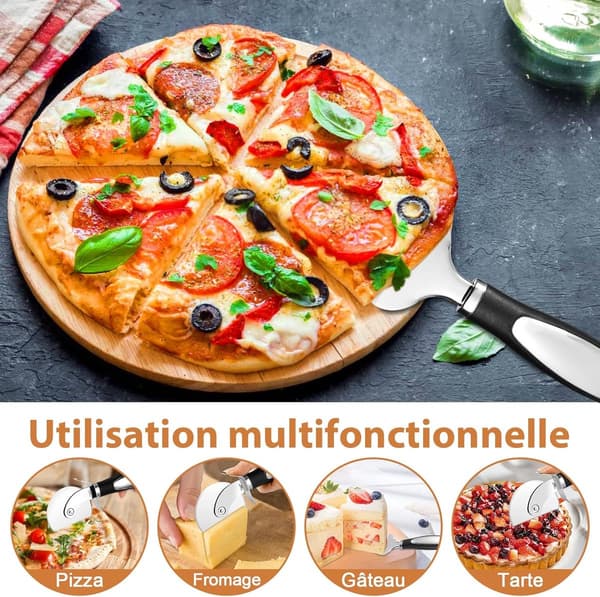 2 pizzahjul og ostespatel i rustfrit stål - skarp pizzaskærer, ergonomisk håndtag - til pizza, dej