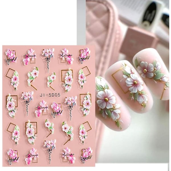 Negleklistremerker med 3D-pregede blomster og blader, 5D selvklebende sommerblomster Negletilbehør Nail art Design Dekorasjon Tilbehør