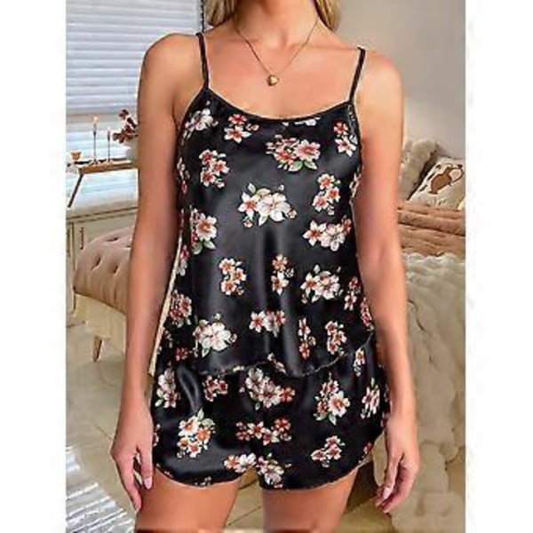 2-delt Satin Pyjamas til Kvinder, Sexet Sling Top og Elastiske Shorts, Blomsterprint, Natøj (M sort)