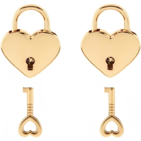 Lite hjerteformat hänglås i metall, minilås med nøkkel for smyckeskrin Förvaringslåda Dagbok, pakke med 2, guld