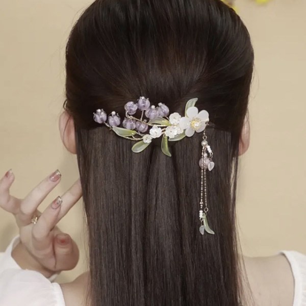 CDQ Elegant lila blomma hårklämma med tofs för kvinnor