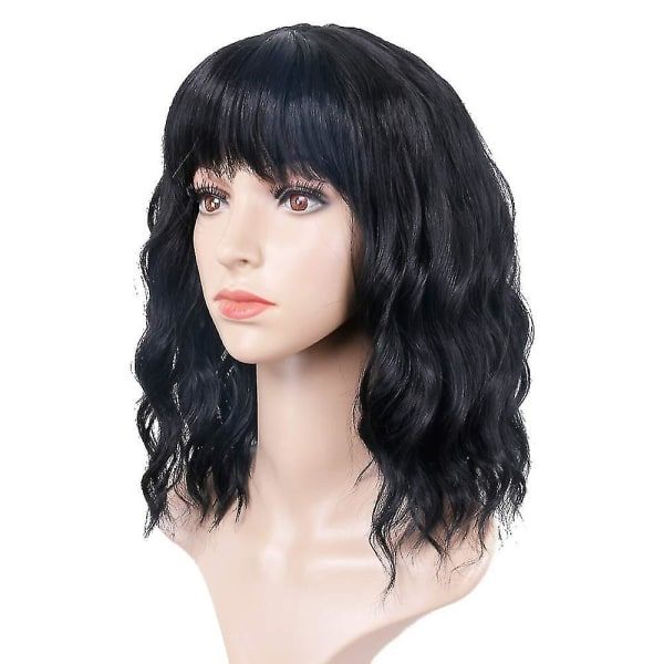Bølget parykk med lugg, kort svart parykk for kvinner Curly Wave syntetisk cosplay jente fargerik parykk (svart)