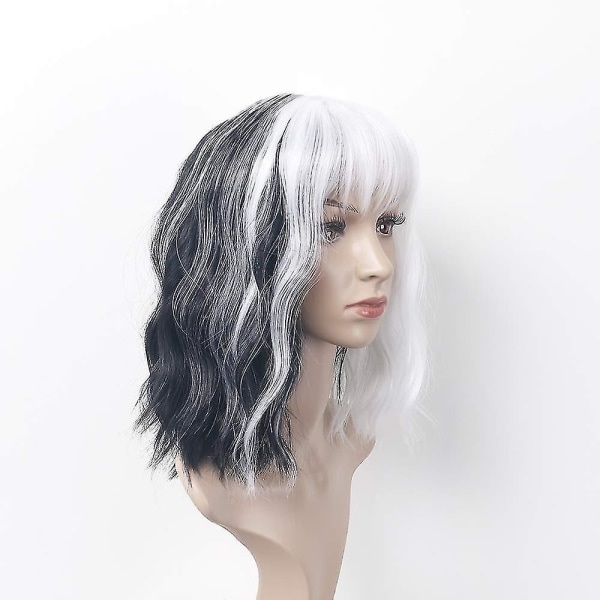 Kort sort og hvid paryk med pandehår Damperuk Curly Wave Syntetisk Cosplay Girl Farverig Paryk (bla