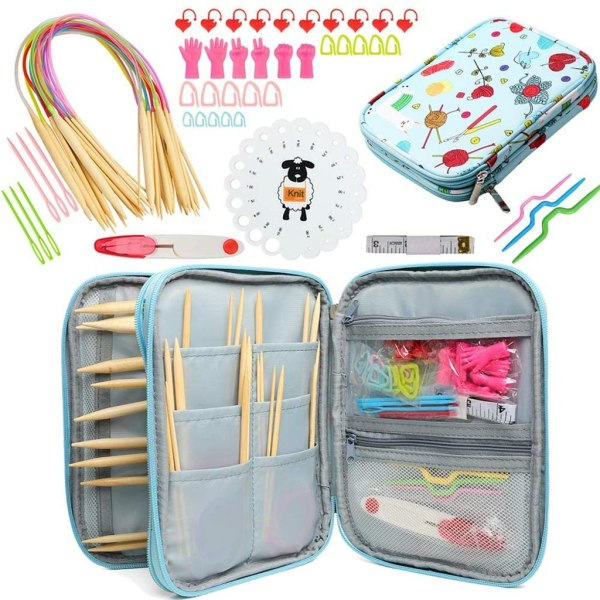 Cirkulära stickor, 62 delar bambu stickor set med sticktillbehör och case för början