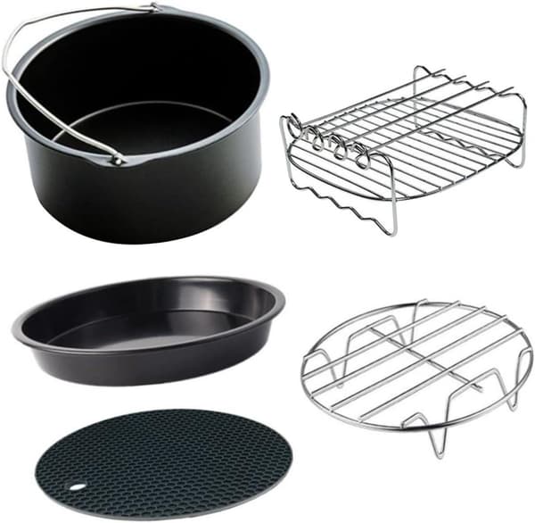 Airfryer tilbehørssæt, 5-delt bageform, kurv og riste, tåler opvaskemaskine, til 2,3 til 3,2 L airfryere, 6-tommer, sort