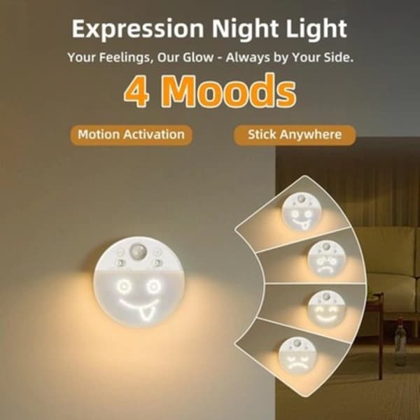 LED night light with motion sensor and 4 facial expressions, 2-pack 3000K