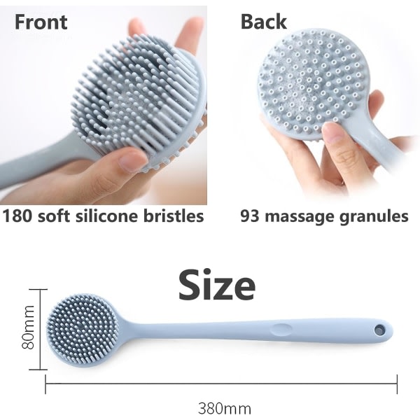 Silikon ryggskrubber med langt håndtag til brusbad, halvfri håndholder duschkroppsborste dobbeltsidig med blød borst