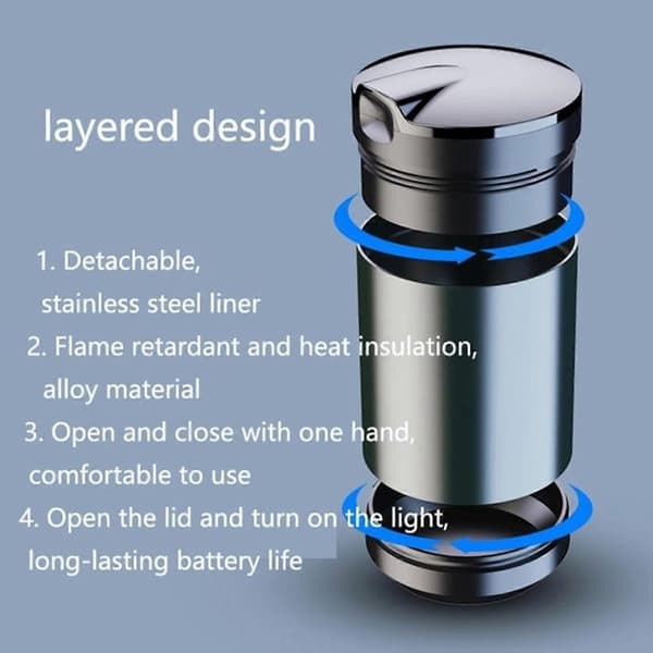 Bærbart bilaskebæger med LED-lys, automatisk sensorlåg, aluminiumslegering, lugttæt og spildsikkert kopholderdesign til rejser, sort