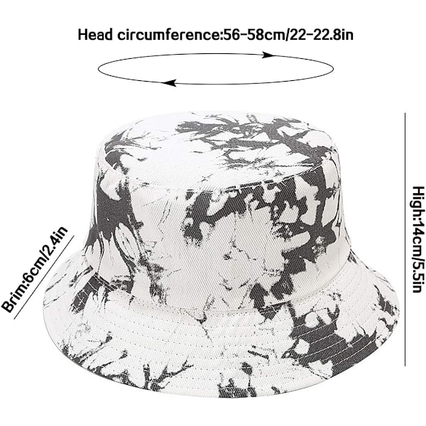 Söt bucket hat strandfiskehattar för kvinnor, vändbar dubbelsidig användning Tie Dye Greywhite