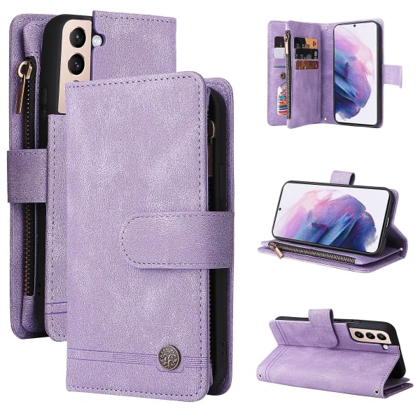 Etui til Samsung Galaxy S22 5g Läder Flip Case Med Kreditkortsholder Pengarficka Magnetisk knapper Etui Kickstand Shockproo Purple A