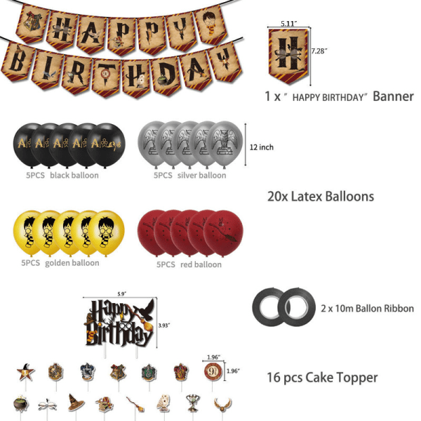 Dekorationer til Harry Potter-f?dselsdagsfest med magisk tema - Flag, troldmand, glas kagetopper, balloner