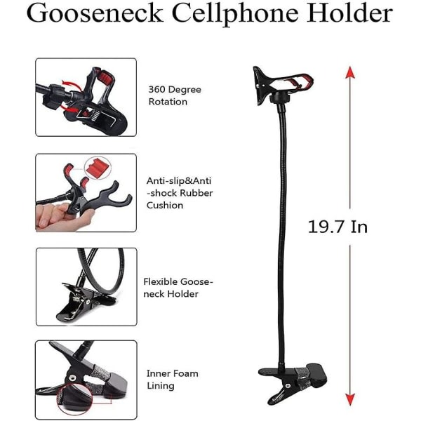 Telefonhållare med klämma - Bärbar flexibel stativ - Lång arm 360 justerbar rotation - För säng, bil, bord (svart)