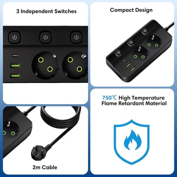 Europeisk strømskinne med USB-C og USB-A, 3 uttak, hurtiglading, kompakt design for hjem og kontor, svart