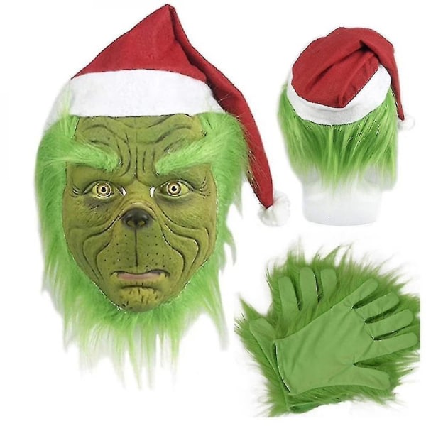 Grøn Grinch-maske med hat - Grinch Cosplay-maske