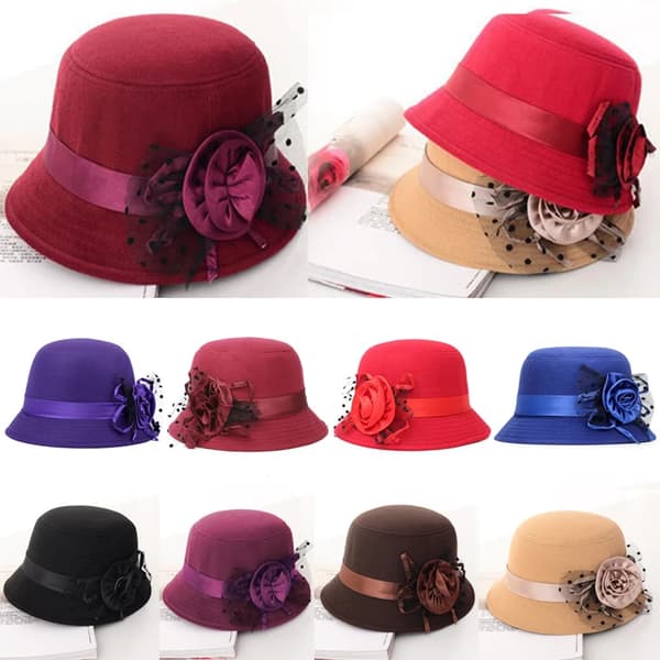 Filt Hat Fall Cloche Spand Blomster Hat Elegant Dame_tfrf Jujube red