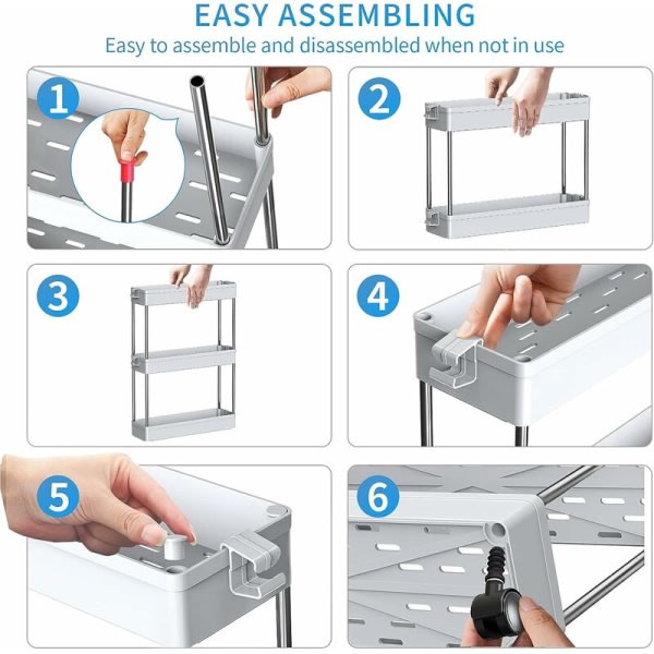 3-kerroksinen keittiövaunu Kapea hylly pyörillä Tilaa säästävä kylpyhuonehylly ja keittiöhylly keittiöön Toimistoon Kylpyhuoneeseen 40x13x61cm Harmaa
