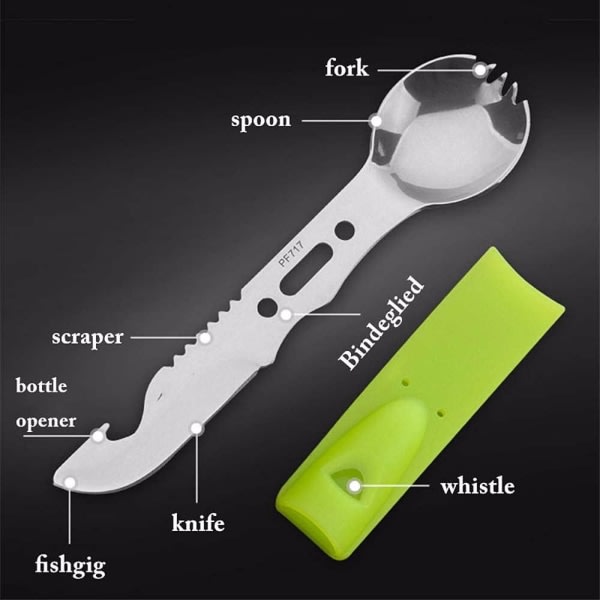 Camping Köksredskap, Multifunktionellt resesats Flasköppnarsats Spork Whistle Utensil Gaffel Utomhus Sked Gaffel Utomhusverktyg